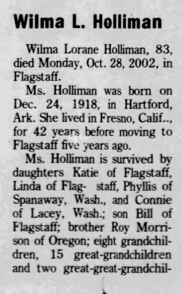 Obituary for Wilma Lorane Holliman, 1918-2002 (Aged 83)
